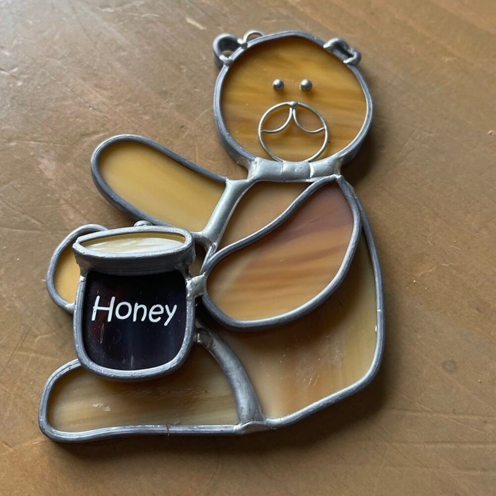 Vintage Bear with Honey pot sun catcher stained glass